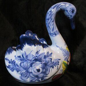 Vintage Blue Painted Swan Planter Made in Portugal
